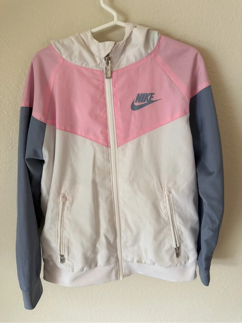 Nike Girls Pink, White & Gray Hooded Windbreaker Jacket